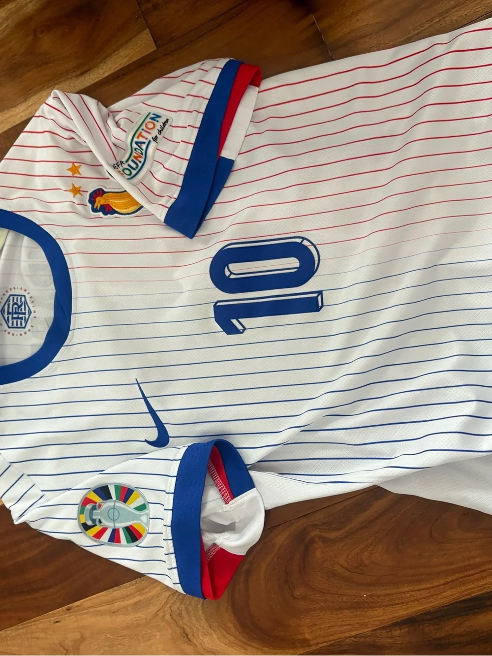 Nike men’s White France Football Jersey with Blue & Red Pinstripes mbappe jersey